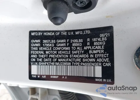 2021 Honda Civic Ex from USA, damaged, VIN SHHFK7H61MU228598